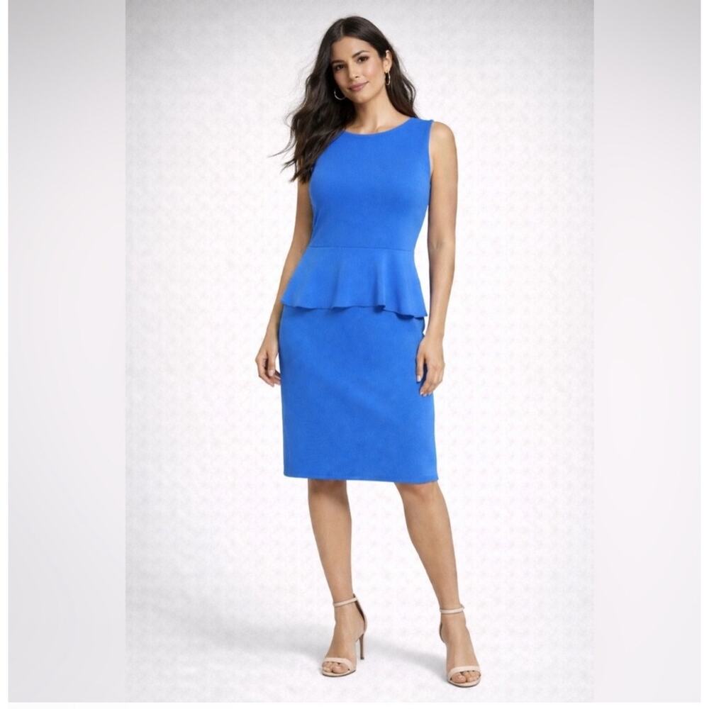 Ann Taylor Sleeveless Blue Peplum Midi Dress Figure Flattering Size 16